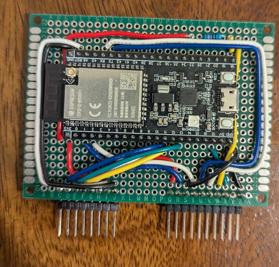 A nicer looking project board with a Saola-1 dev board and real header pins instead of wires. Shame it doesn't work right.