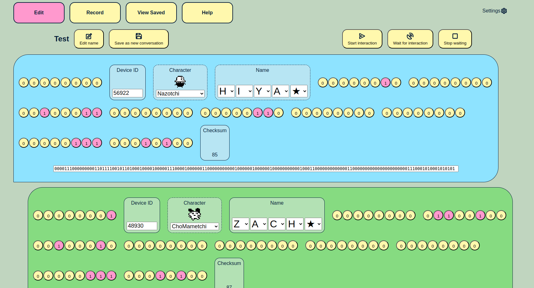 A screenshot of the edit page of the tamagometer, showing a visit named “Test” between “HIYA★” and “ZACH★”