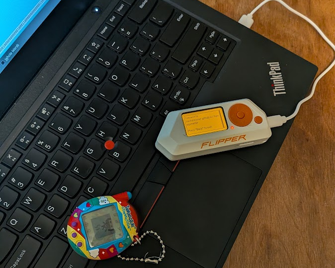 A thinkpad with the web page https://zacharesmer.github.io/tamagometer/ open, a Flipper Zero, and a pink Tamagotchi Connection (2024 version) with two tamagotchis hanging out on the screen